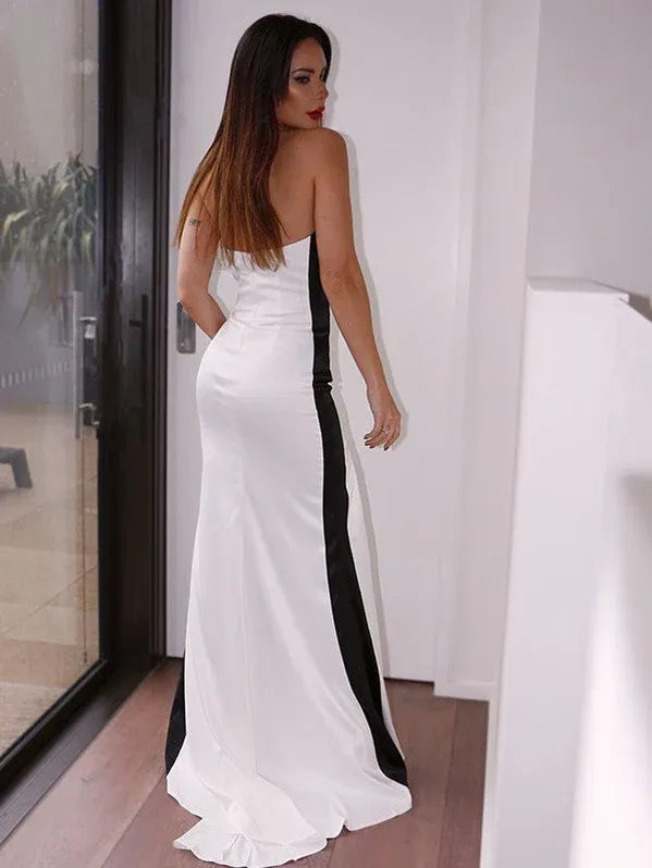Chic Mermaid Strapless Contrast White Slit Train Prom Dress For Female Guests