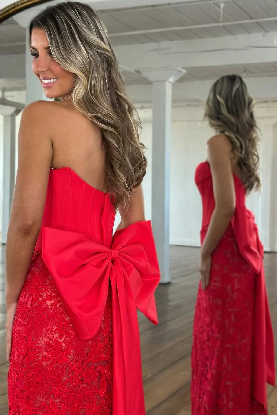 Chic Mermaid Strapless Corset Lace Red Evening Dress With Bowknot