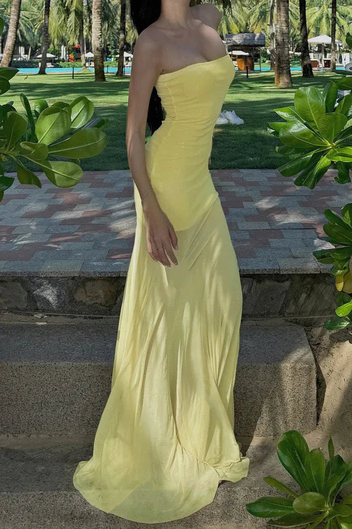 Chic Mermaid Strapless Ruched Sheer Yellow Floor-Length Prom Dress For Women