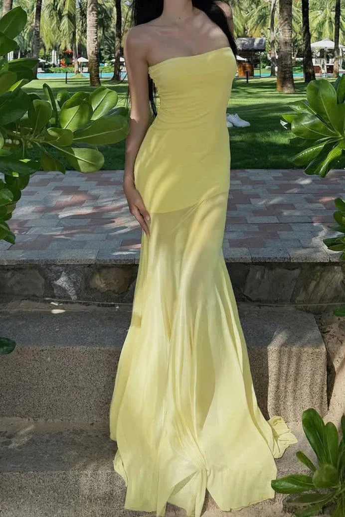 Chic Mermaid Strapless Ruched Sheer Yellow Floor-Length Prom Dress For Women