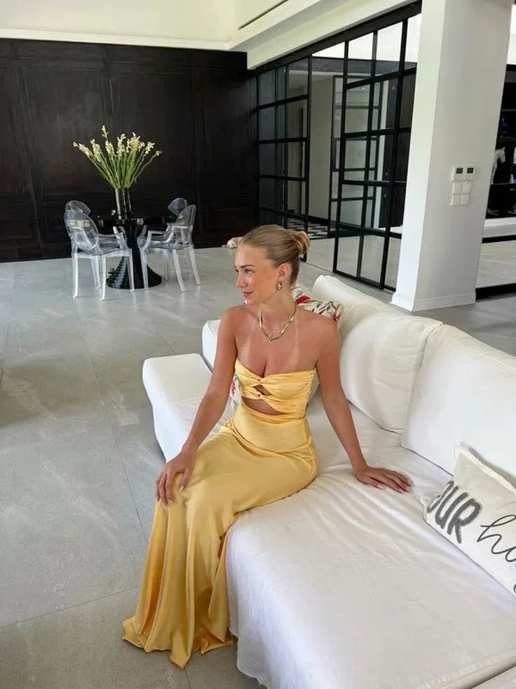 Chic Mermaid Strapless Sleeveless Cutout Satin Yellow Floor-Length Evening Dress for Women