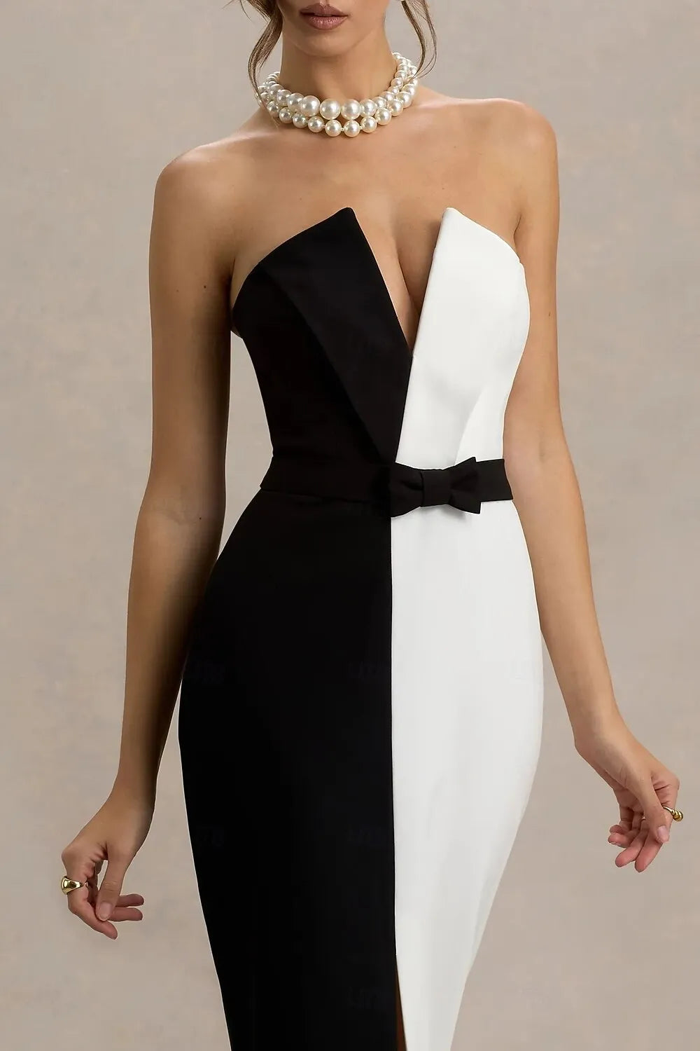 Chic Mermaid Strapless Slit Color Block Bow Black White Floor Length Prom Dress