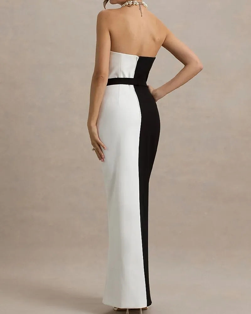 Chic Mermaid Strapless Slit Color Block Bow Black White Floor Length Prom Dress