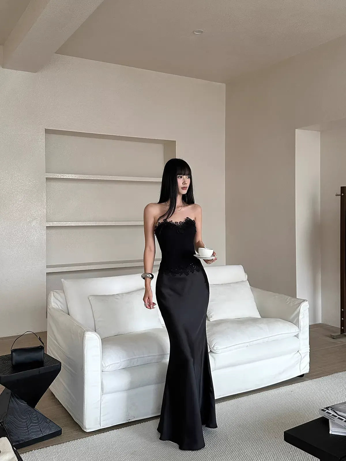 Chic Mermaid Sweetheart Neck Strapless Lace-trimmed Black Maxi Prom Dress for Women Ready to Ship