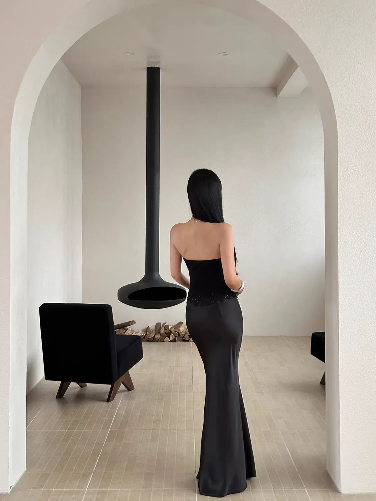 Chic Mermaid Sweetheart Neck Strapless Lace-trimmed Black Maxi Prom Dress for Women Ready to Ship