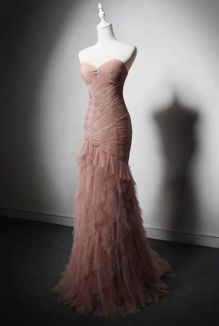 Chic Mermaid Sweetheart Neck Tiered Tulle Pink Evening Dress Prom Dress