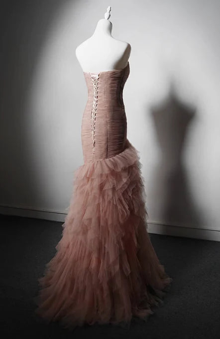 Chic Mermaid Sweetheart Neck Tiered Tulle Pink Evening Dress Prom Dress
