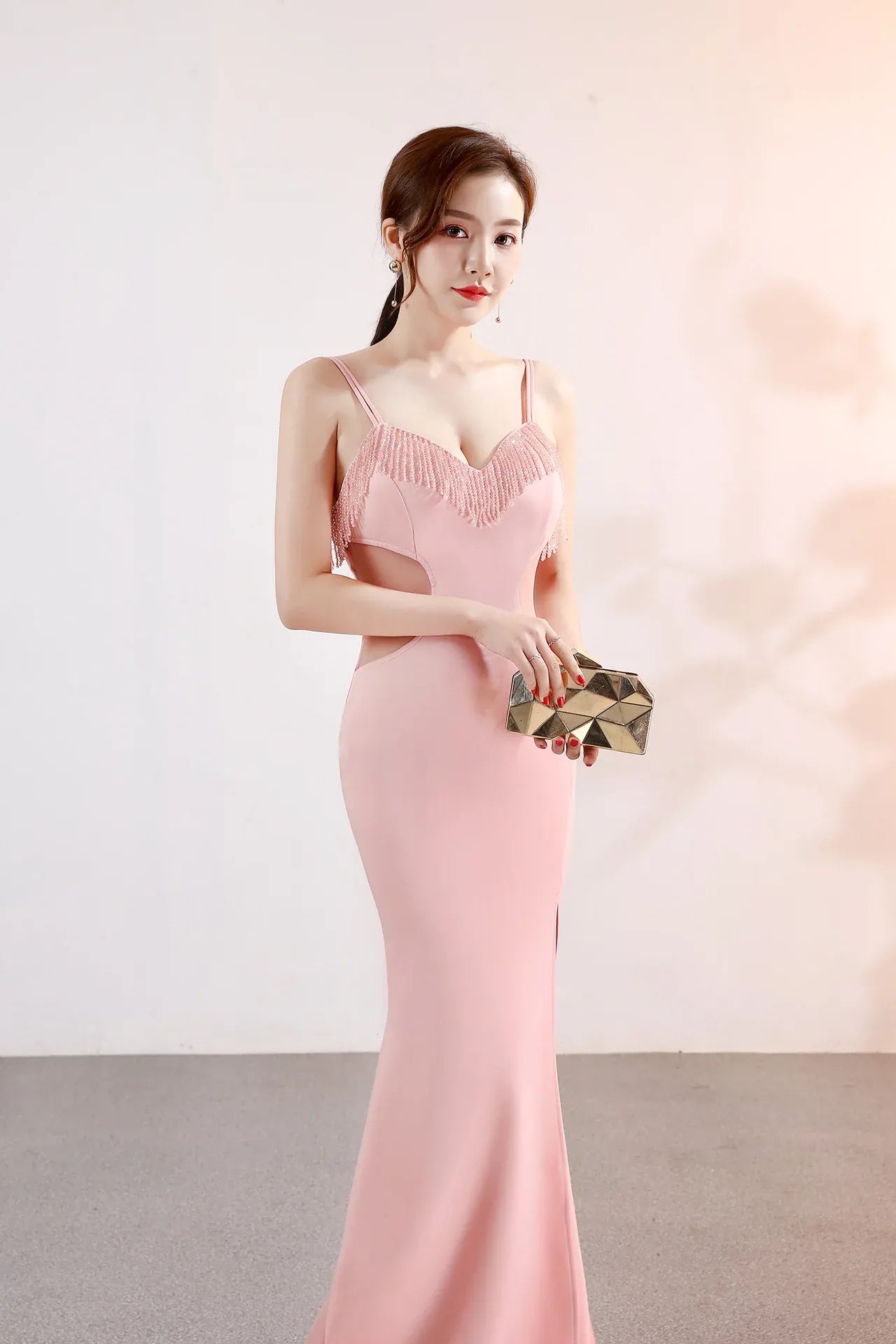 Chic Mermaid Sweetheart Sleeveless Cutout Blush Pink Maxi Prom Dress for Women Ready to Ship