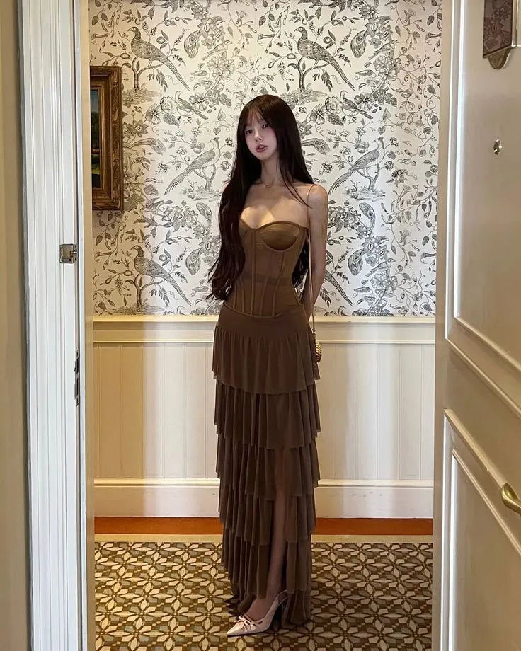 Chic Mermaid Sweetheart Sleeveless Tiered Mocha Long Prom Dress for Women Ready to Ship