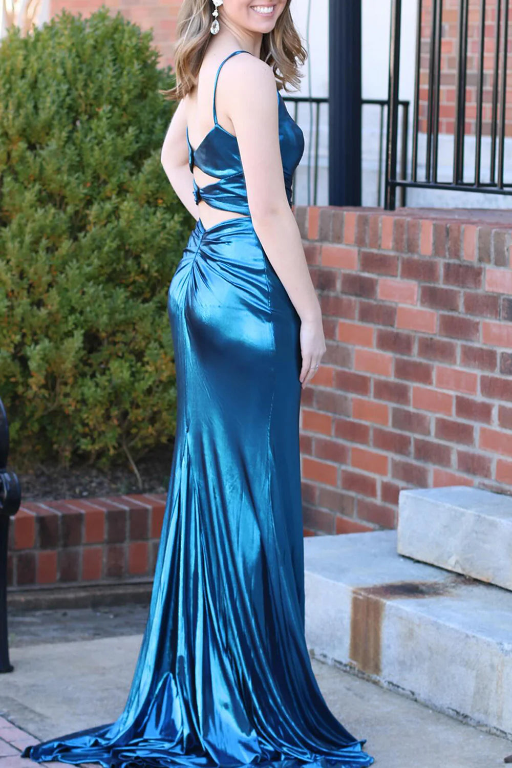 Chic Mermaid V Neck Keyhole Satin Dark Blue Prom Dress With Slit