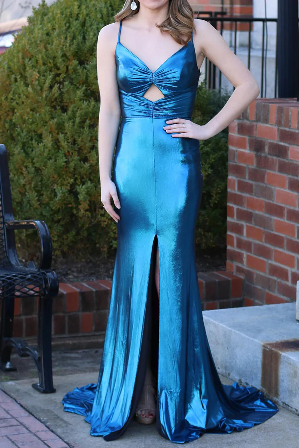 Chic Mermaid V Neck Keyhole Satin Dark Blue Prom Dress With Slit