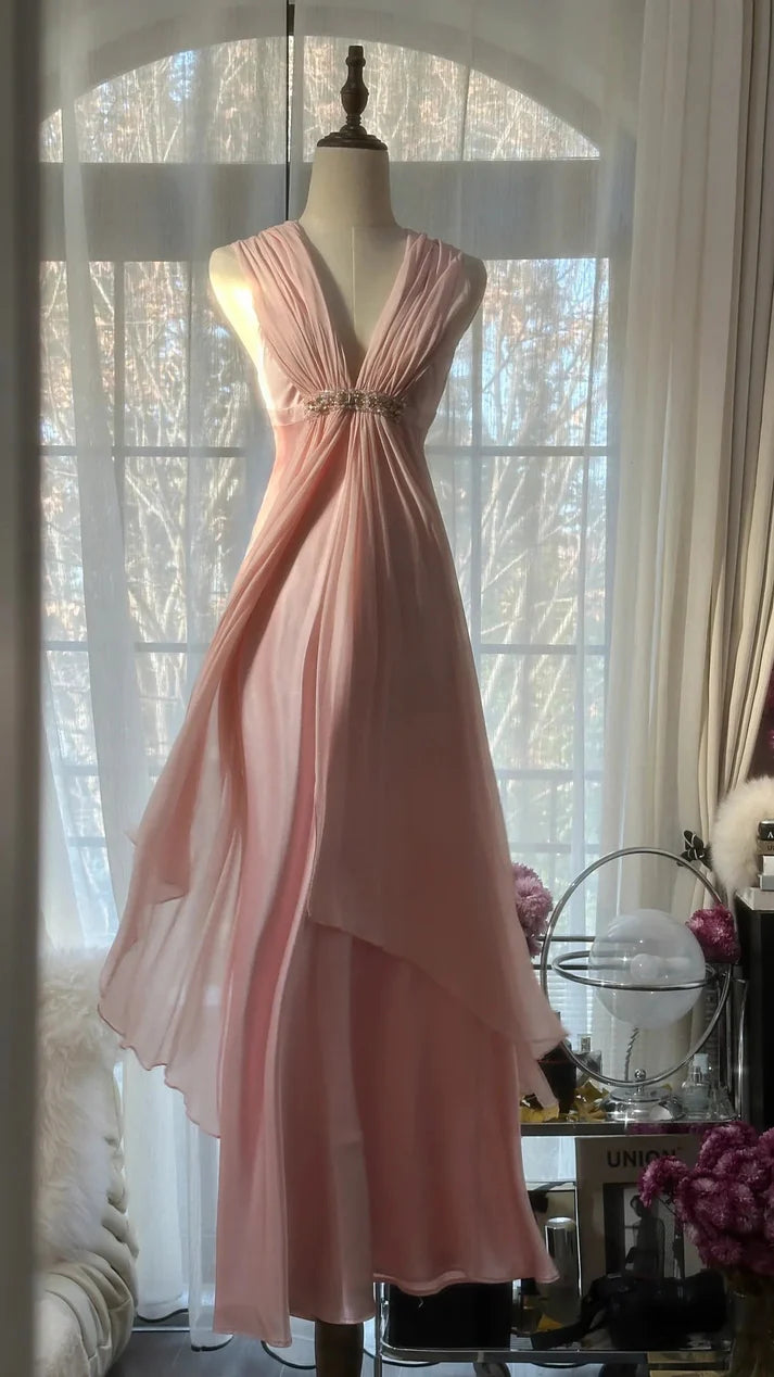 Chic Mermaid V Neck Rhinestone Satin Chiffon Pink Long Party Dress
