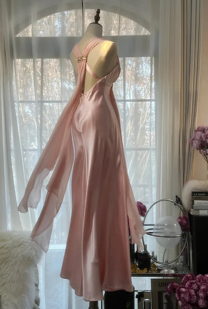 Chic Mermaid V Neck Rhinestone Satin Chiffon Pink Long Party Dress