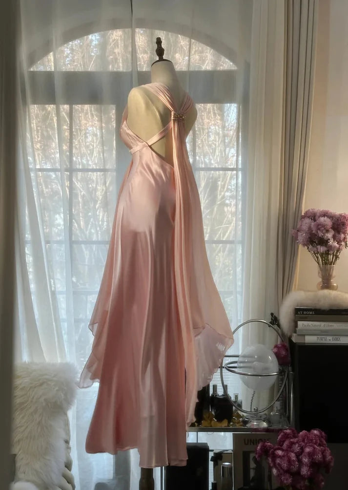 Chic Mermaid V Neck Rhinestone Satin Chiffon Pink Long Party Dress