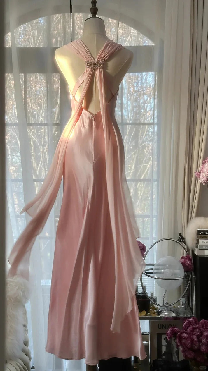 Chic Mermaid V Neck Rhinestone Satin Chiffon Pink Long Party Dress