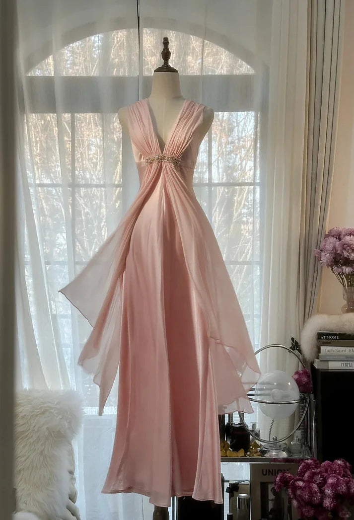 Chic Mermaid V Neck Rhinestone Satin Chiffon Pink Long Party Dress