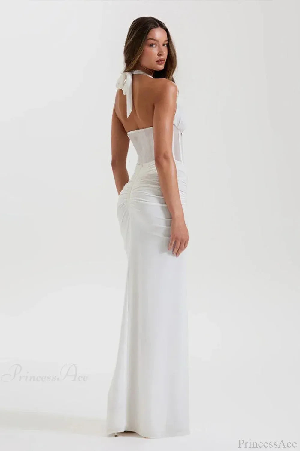 Chic Mesh-Trim Long Evening Dress White Halter-Neck Ruched for Women