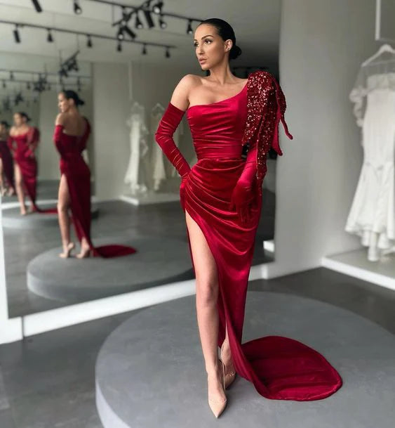 Chic One-Shoulder Sequins High Slit Red Prom Dress Evening Dress