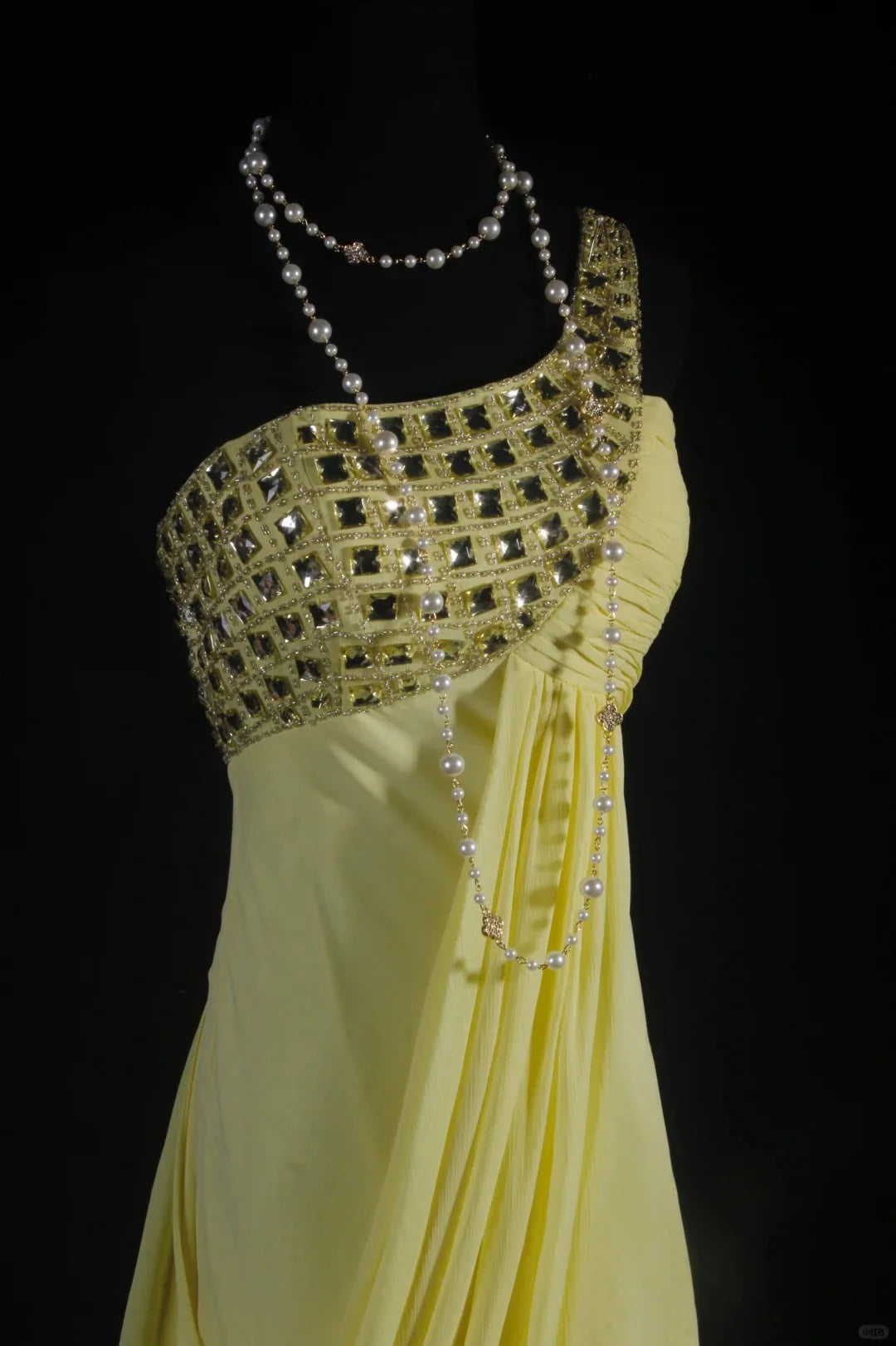 Chic One Shoulder Rhinestones Chiffon Yellow Long Prom Dress Evening Dress