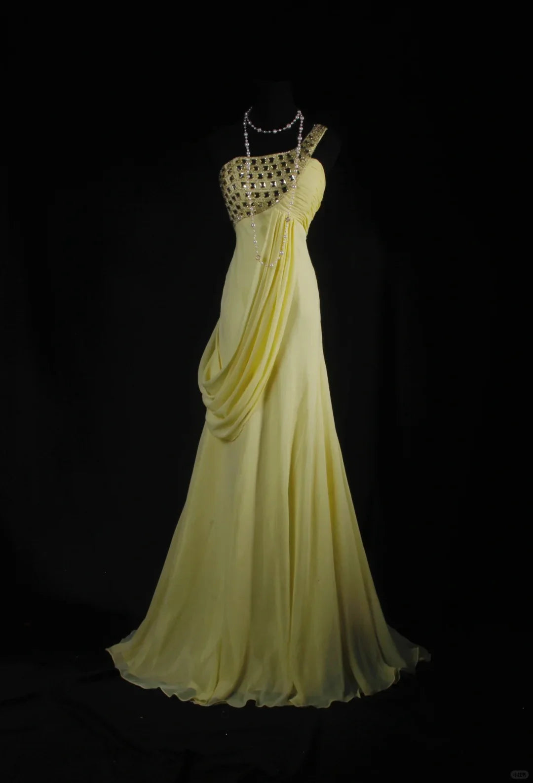 Chic One Shoulder Rhinestones Chiffon Yellow Long Prom Dress Evening Dress
