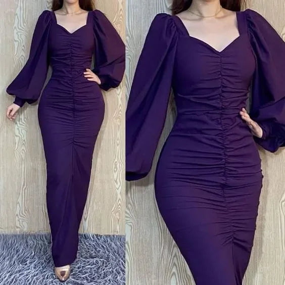 Chic Ruched Long Evening Dress Deep Purple Square Neck Puff Sleeve for Women