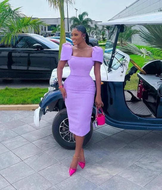 Chic Ruched Midi Evening Dress Lavender Square Neck Puff Sleeve for Women