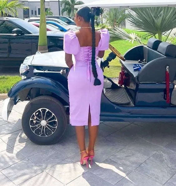 Chic Ruched Midi Evening Dress Lavender Square Neck Puff Sleeve for Women