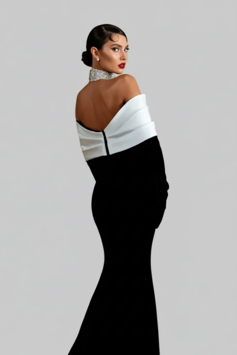 Chic Satin-Blend Midi Evening Dress Black-White Off-Shoulder Embellished for Women