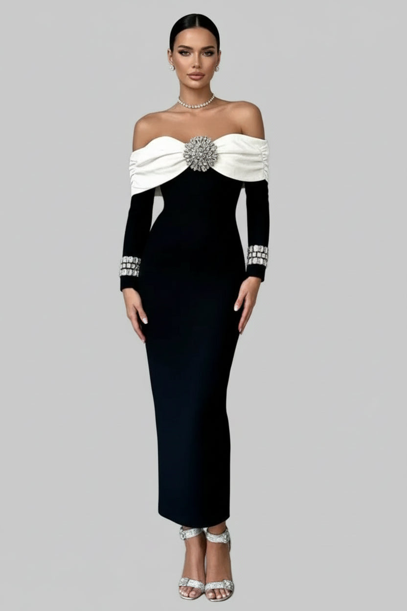 Chic Satin-Blend Midi Evening Dress Black-White Off-Shoulder Embellished for Women