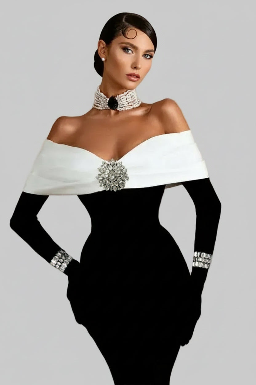 Chic Satin-Blend Midi Evening Dress Black-White Off-Shoulder Embellished for Women