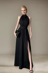 Chic Satin Long Evening Dress Black Halter-Neck Sleeveless Party Gown for Women