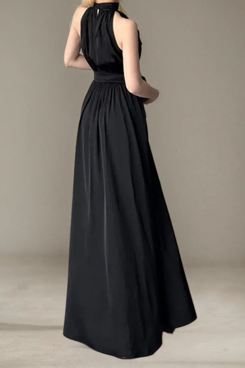 Chic Satin Long Evening Dress Black Halter-Neck Sleeveless Party Gown for Women