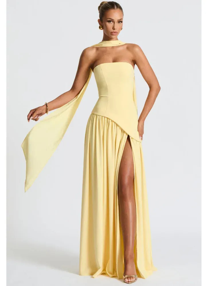 Chic Satin Long Evening Dress Lemon Yellow Strapless Halter-Neck for Women