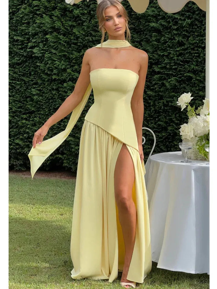 Chic Satin Long Evening Dress Lemon Yellow Strapless Halter-Neck for Women