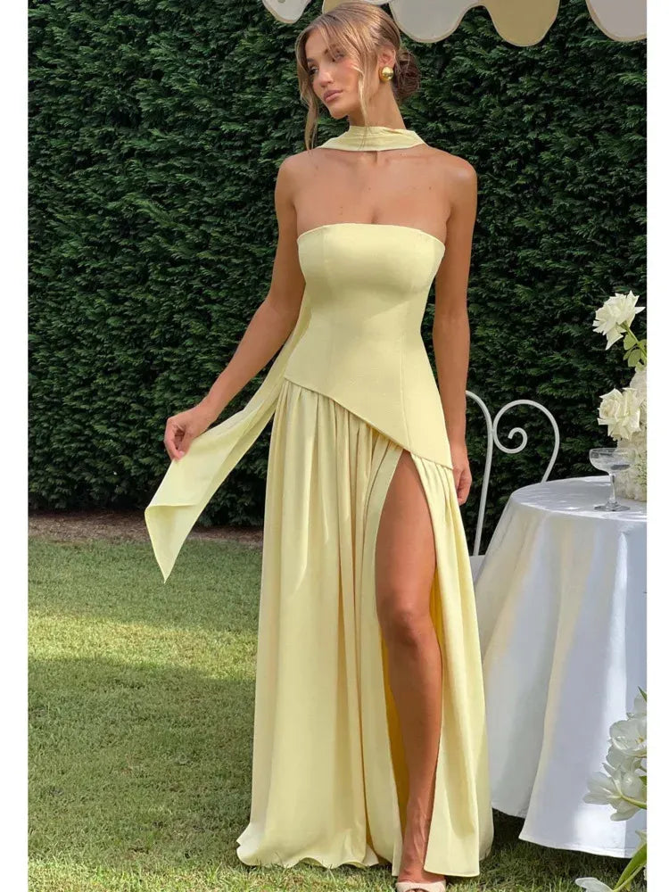 Chic Satin Long Evening Dress Lemon Yellow Strapless Halter-Neck for Women
