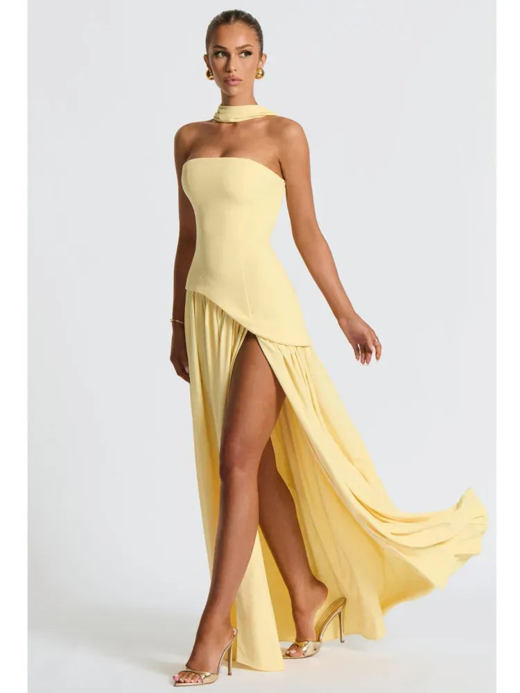 Chic Satin Long Evening Dress Lemon Yellow Strapless Halter-Neck for Women