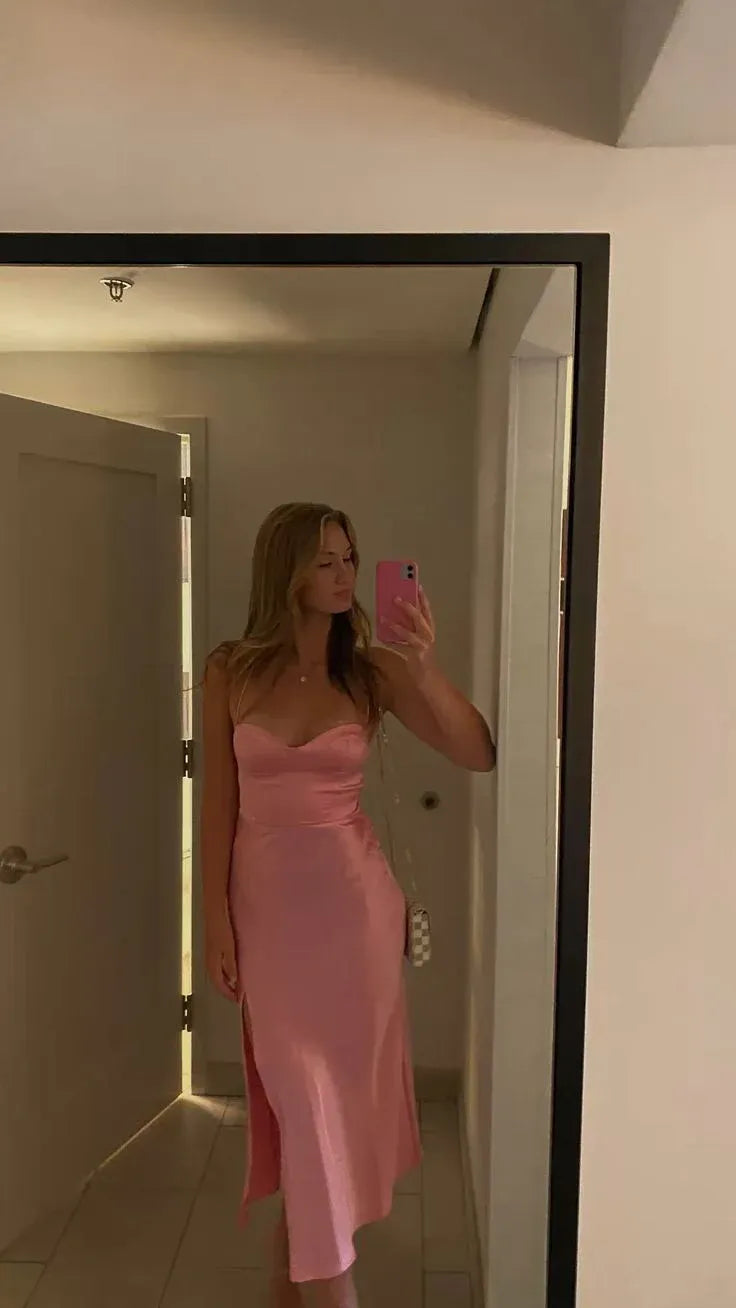 Chic Satin Maxi Evening Dress Pink Sweetheart Sleeveless for Women