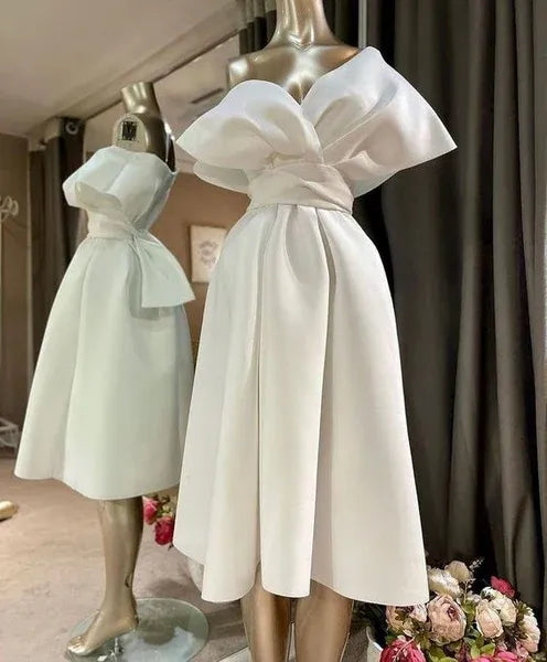 Chic Satin Mini Evening Dress White Off-Shoulder Bow-Sleeve Party Gown for Women
