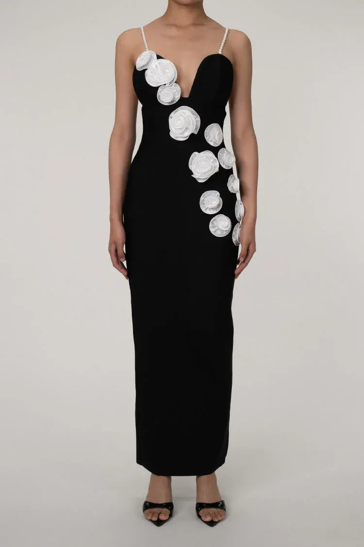 Chic Sheath Deep V-Neck Sleeveless Pearl-Accent Black Maxi Prom Dress for Women Ready to Ship