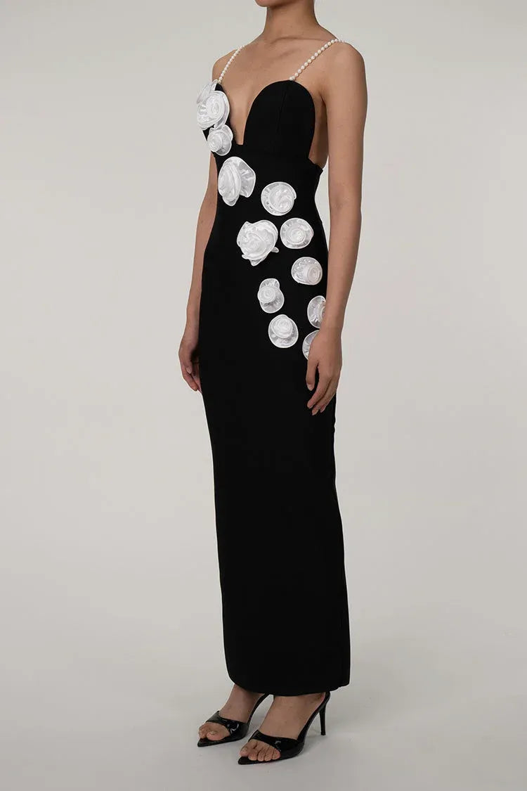 Chic Sheath Deep V-Neck Sleeveless Pearl-Accent Black Maxi Prom Dress for Women Ready to Ship