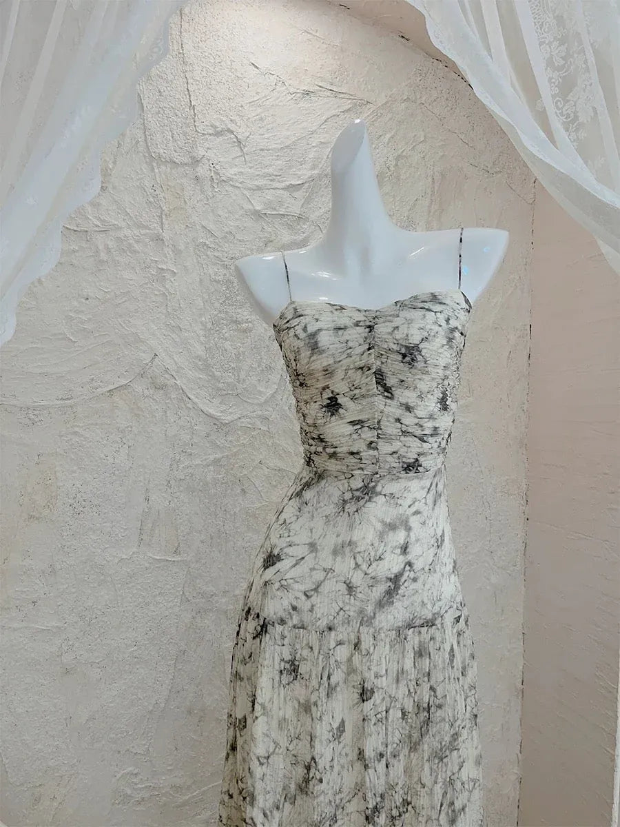 Chic Sheath Halter-Neck Marble-Print Ivory Maxi Prom Dress for Women ready to ship