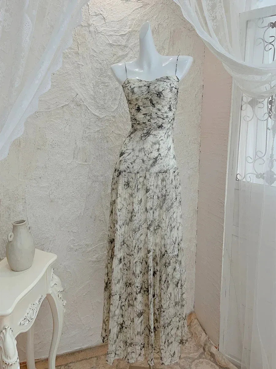 Chic Sheath Halter-Neck Marble-Print Ivory Maxi Prom Dress for Women ready to ship