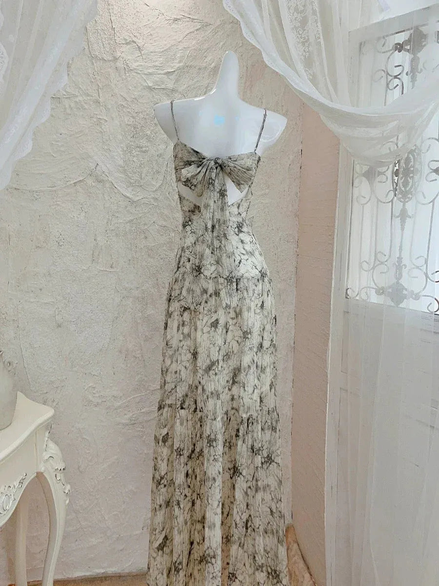 Chic Sheath Halter-Neck Marble-Print Ivory Maxi Prom Dress for Women ready to ship