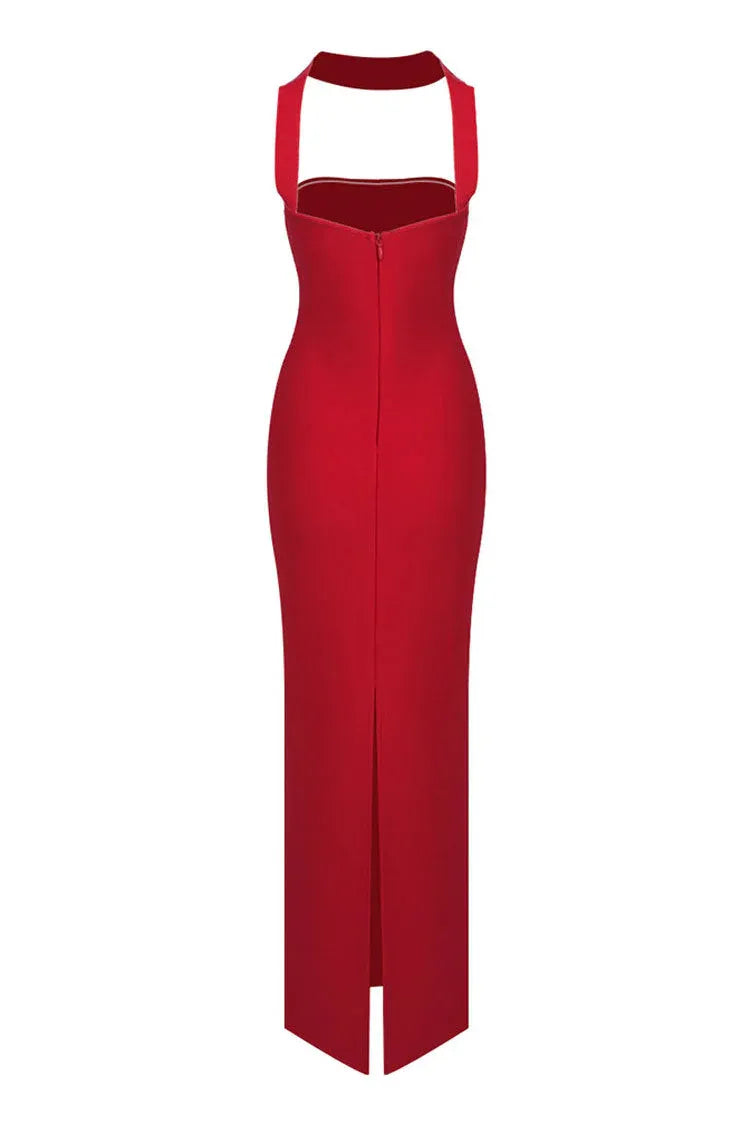 Chic Sheath Halter-Neck Sleeveless Slit Satin Red Maxi Evening Dress for Women