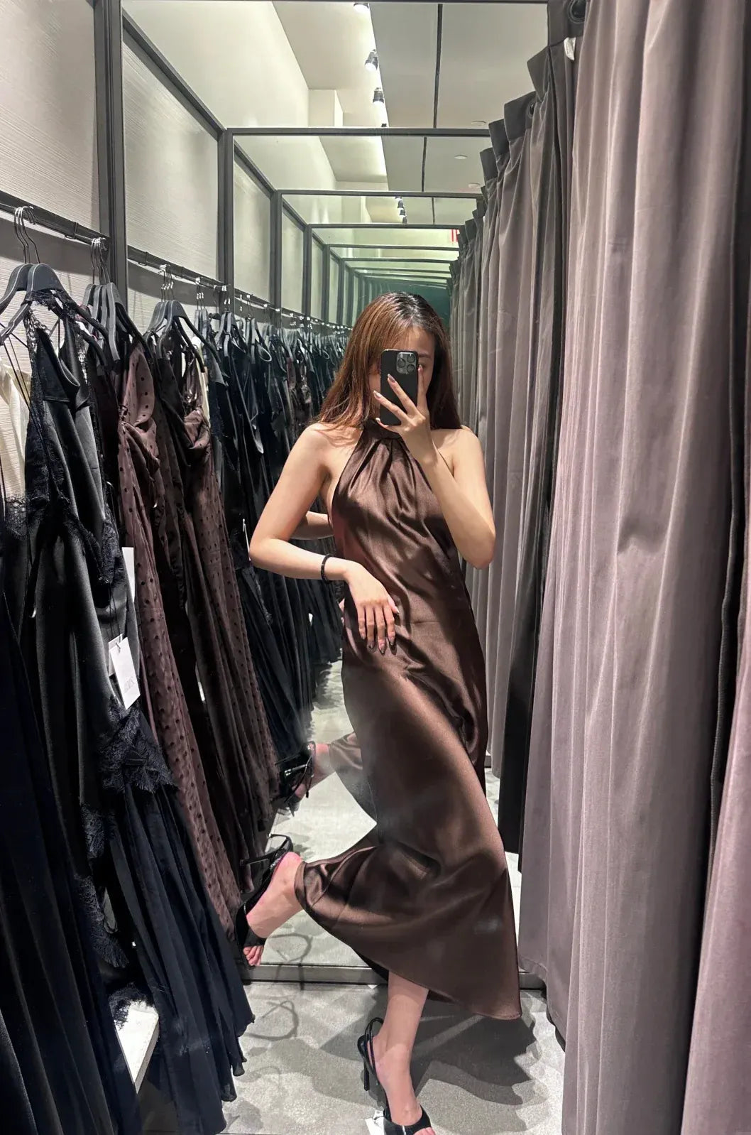 Chic Sheath Halter Neck Sleeveless Open-Back Chocolate Satin Midi Prom Dress for Women Ready to Ship