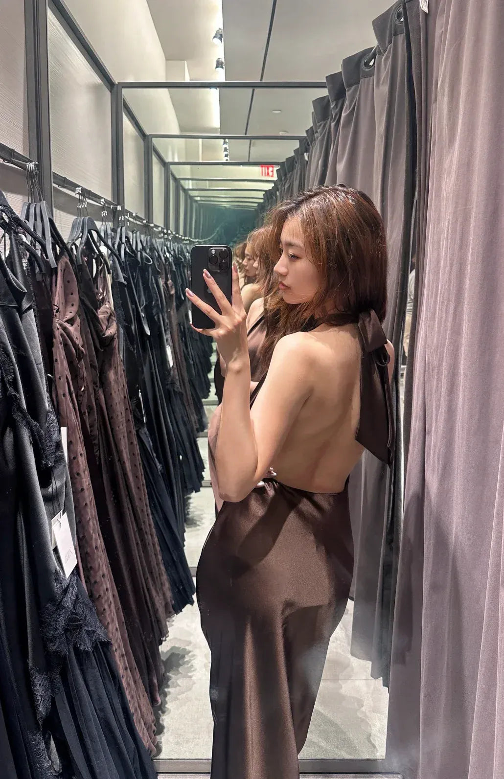 Chic Sheath Halter Neck Sleeveless Open-Back Chocolate Satin Midi Prom Dress for Women Ready to Ship