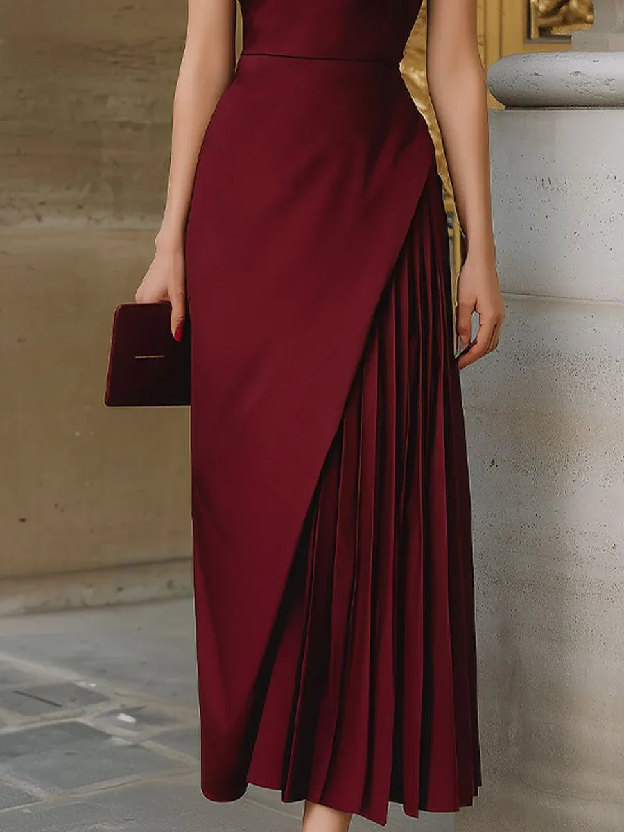 Chic Sheath Halter Sleeveless Pleated Overlay Burgundy Midi Prom Dresses