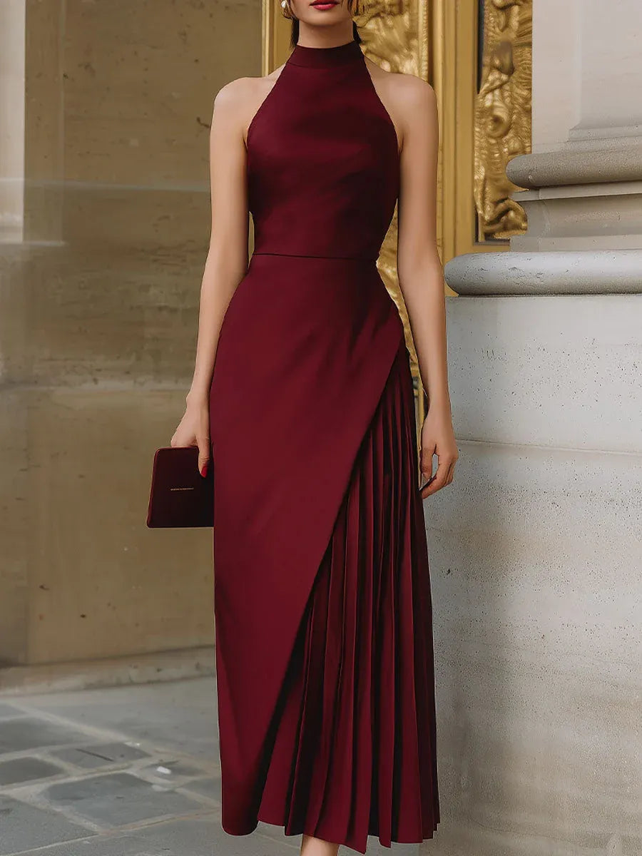 Chic Sheath Halter Sleeveless Pleated Overlay Burgundy Midi Prom Dresses