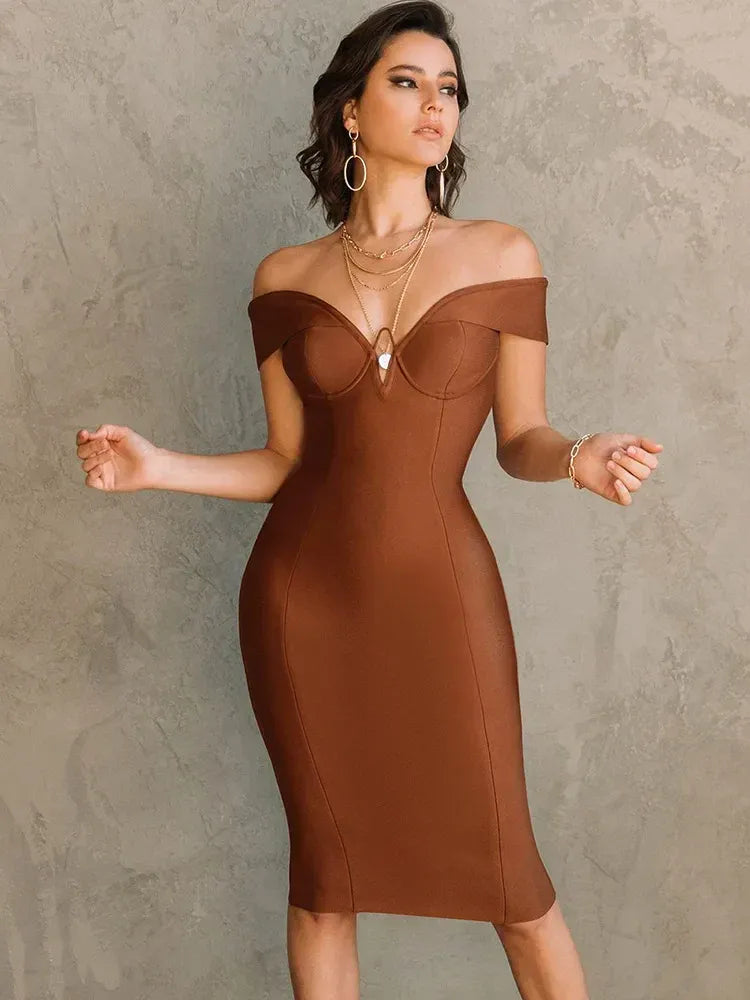 Chic Sheath Off-Shoulder Short-Sleeve Knit Tan Midi Evening Dress for Women