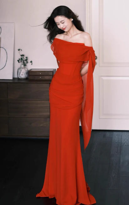 Chic Sheath Off-The-Shoulder Chiffon Wine Red Long Evening Dresses With Cape